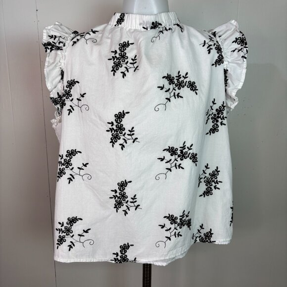Ophelia Roe Top XL White Black Embroidered Flutter Sleeve Cotton Blouse Women's - Picture 1 of 11